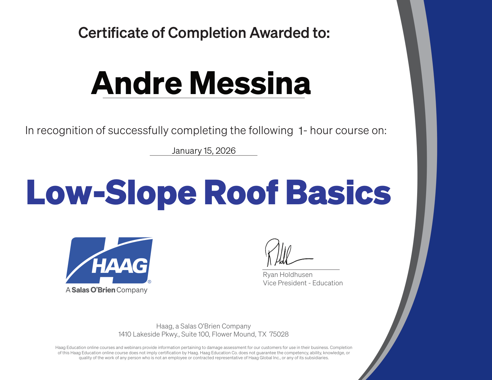 Haag — Low-Slope Roof Basics certificate preview
