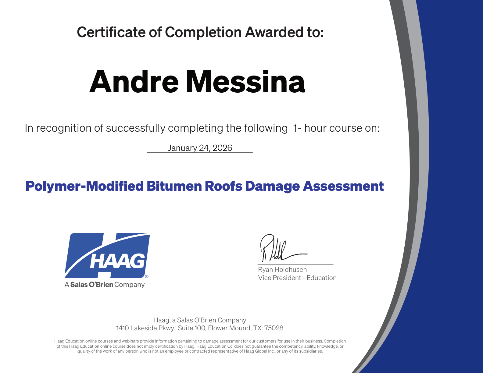 Haag — Polymer-Modified Bitumen Roofs Damage Assessment certificate preview