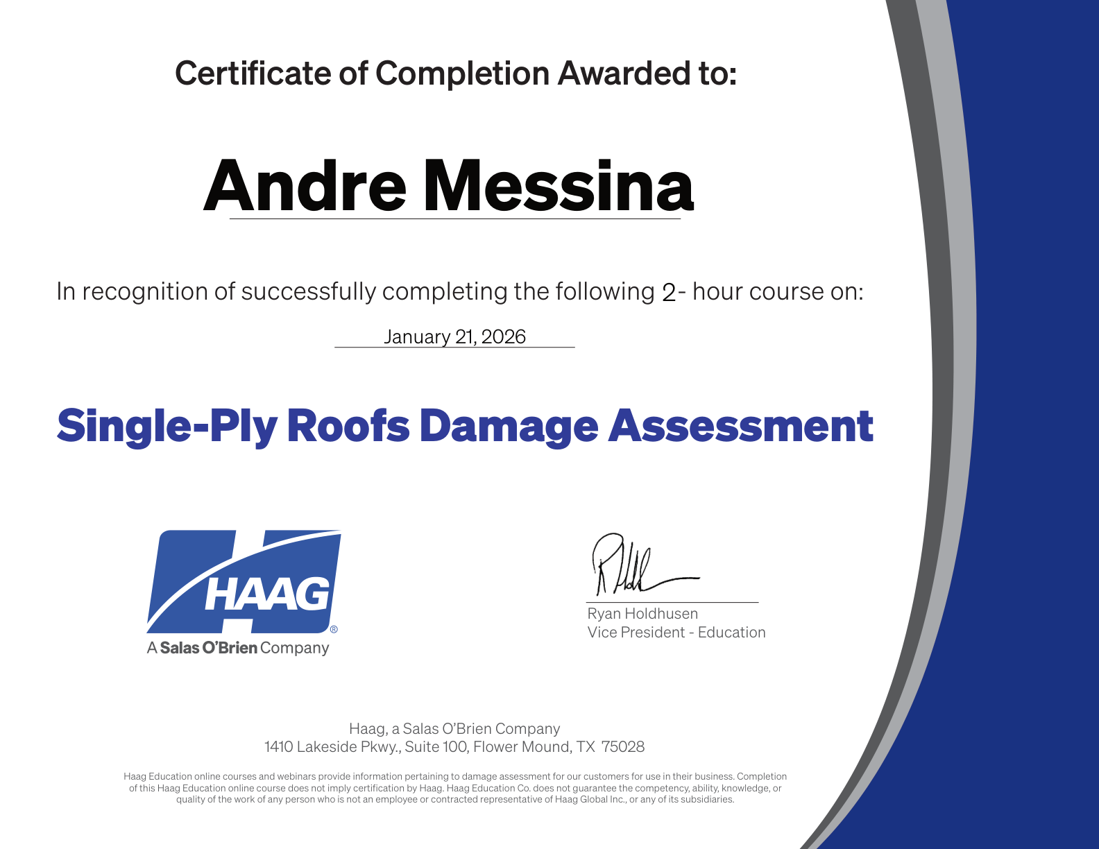 Haag — Single-Ply Roofs Damage Assessment certificate preview